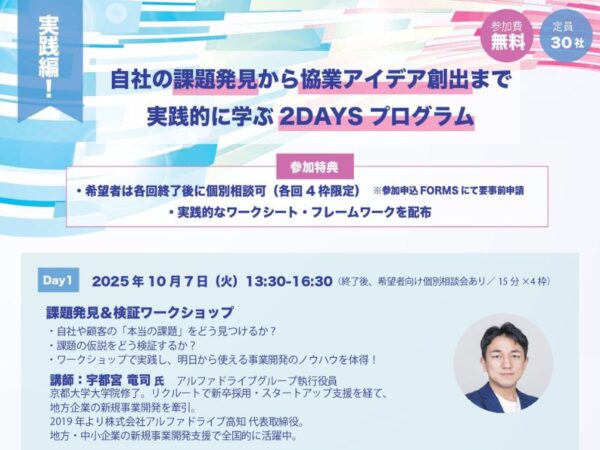 自社の課題発見から協業アイデア創出まで実践的に学ぶ 2DAYS プログラム